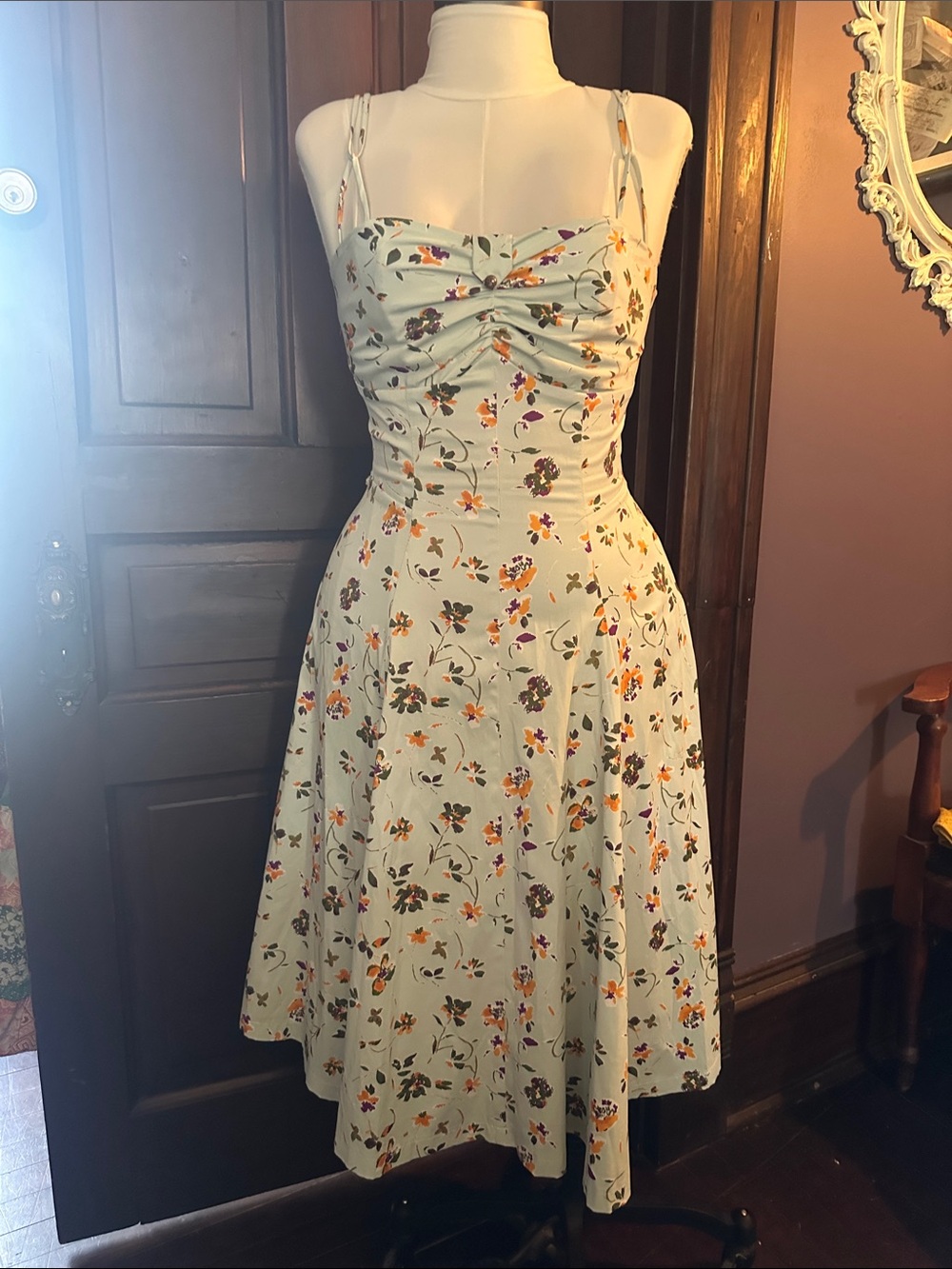 Unique Vintage Mint Floral Midi Dress with Orange & Purple Blooms